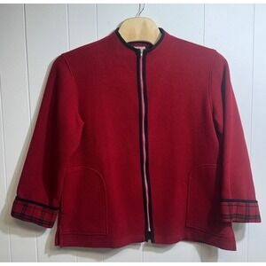 Cricket Lane Collection Womens‎ XL Red Wool Blend Zip Front Plaid Trim Jacket